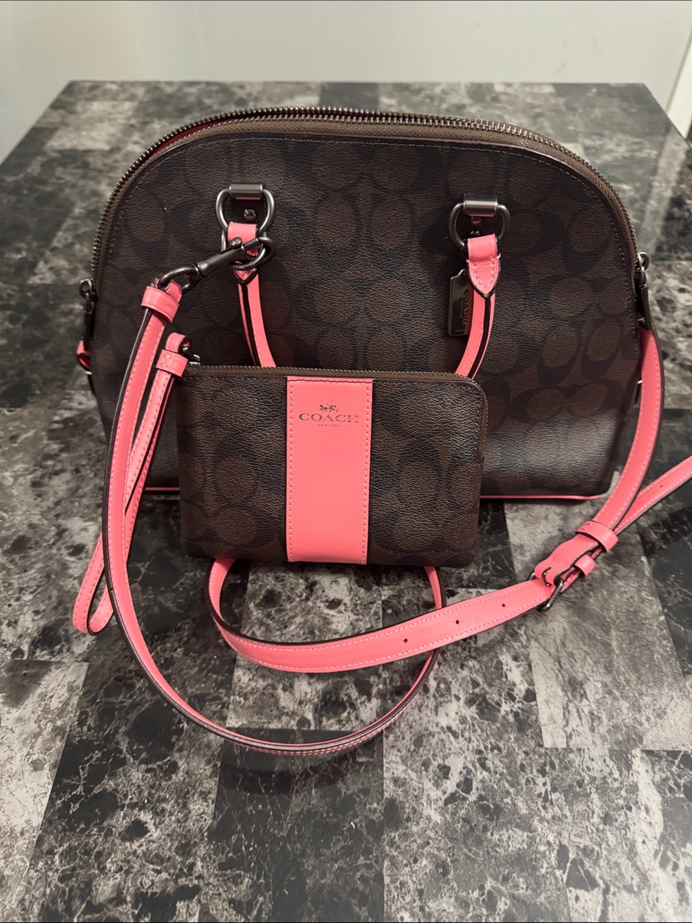 Coach Brown Signature Dome Satchel with Pink Accents with matching wristlet
